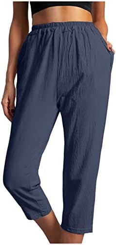 Директно капри панталони за жени памучни постелнина еластична половината панталони обични цврсти џебови во боја исечени панталони