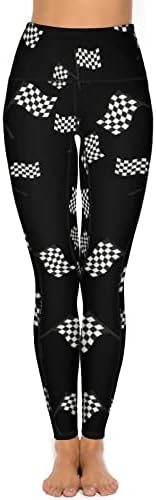 Карирано тркачко знаме женски јога панталони со високи хеланки на половината со џебови за вежбање теретани хулахопки