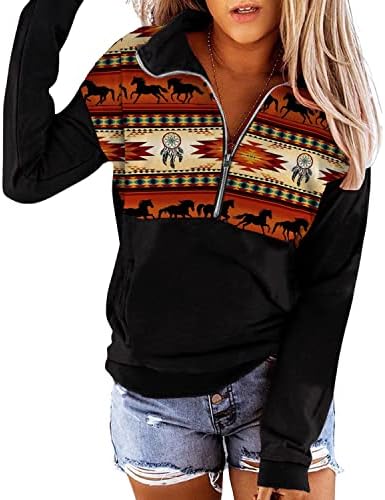 Женски Дуксер Со Половина Патент Западен Ацтечки Џемпер, Секојдневен Мексикански Етнички Графички Врвови За Пуловер Со Долги Ракави