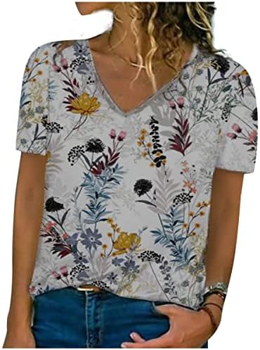 Nxxyeel 2022 Letterенска летна маица V вратот Цветни печатени маички со кратки ракави, обични лабави врвови блузи