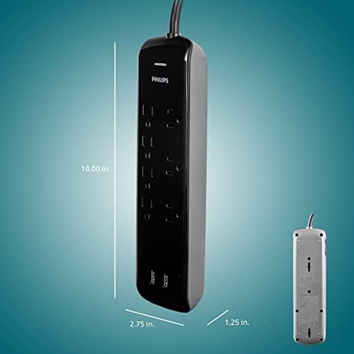 Philips 7-Outlet Surge Protector, 2 USB порти, 4 ft продолжено кабел, лента за напојување, 1440 Joules, 2,4 засилувач/12 вати,