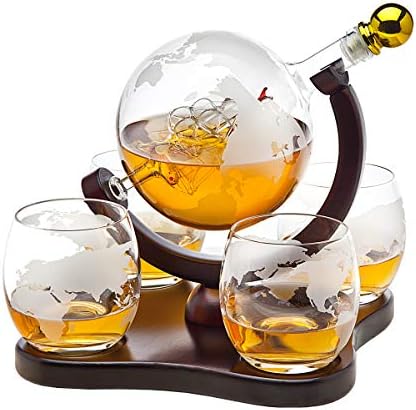 Виски Декантер Глобус Поставен со 4 Гравирани Чаши За Виски За Алкохол, Скоч, Бурбон, Вотка, Подароци за Мажи - 850мл