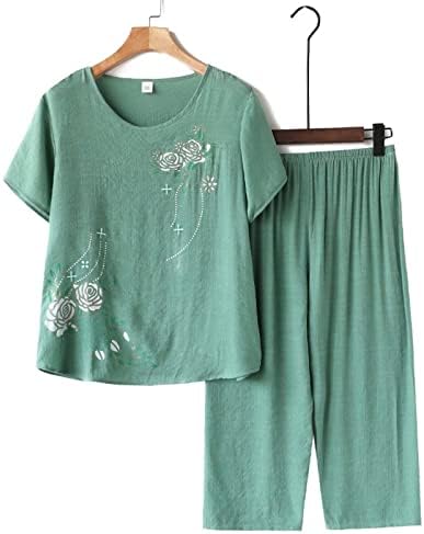 Лето сетови жени 2 парчиња облека плус големина обична лабава лабава постари жени пижами поставува маици и панталони со кратки ракави