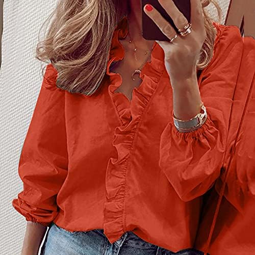 Елегантни врвови на жените Ruffle v вратот Фенер со долги ракави маички цврсти модни блузи 2023 пролетно летно облека
