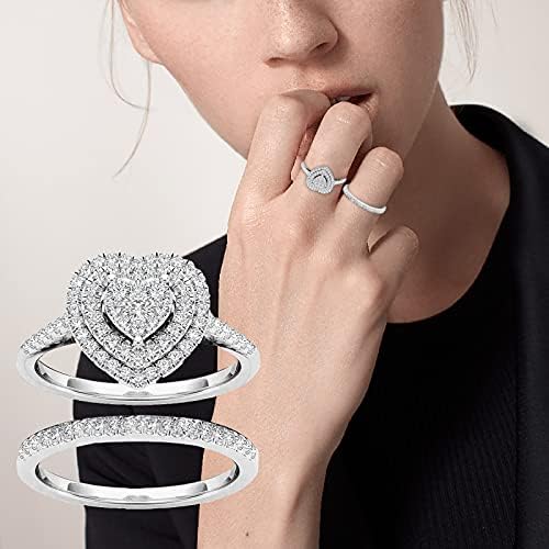 Срцето сечење кубен цирконија венчален прстен за жени невестински комплети прстени за ангажман поставува сребро гроздобер годишнина прстен