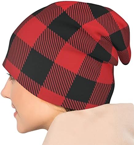 Laiputer Божиќна карирана црвена и црна гравче Стандард затворена хемо -плетена капи.