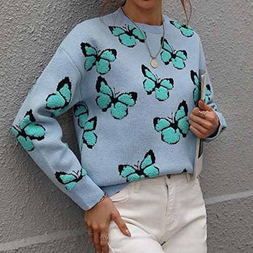Womenените Пеперутка печати плетен џемпер долг ракав симпатична графичка плетена пулвер врвови 2022 есенски обични џемпери блузи