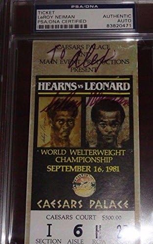 Лерој Нејман потпиша 1981 година Том Хитман Харнс против Шеќер Реј Леонард Борба против билет ПСА - Автограмирани билети за бокс