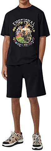 Спортски кошули 2-парчиња летни о-вратот кратки мажи модни шорцеви поставуваат панталони за ракави мажи костуми и човекот во костум црно