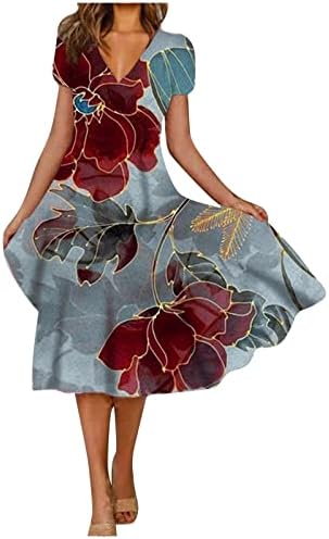 Letulенски летен летен моден моден цветен принт краток ракав за замав фустан со врзани врати