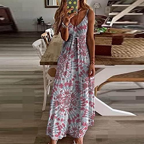 Maxенски макси фустани во 2023 година летен случајн плажа фустан против вратот шпагети ленти цветни бек без замав долг сонце фустан