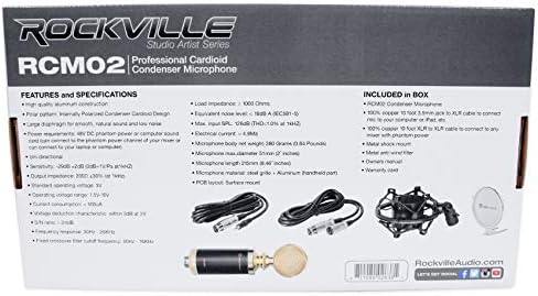 Rockville RCM02 Pro Studio за снимање кондензатор микрофон микрофон+метал шок монтирање, црна