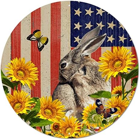 Тркалезен метален калај знак изморени патриотски американски starsвезди и ленти со знаме зајак и сончогледи гроздобер венец знак