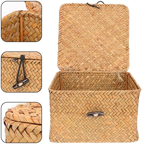 Housoutil накит кутија ткаени канти за складирање со капакот квадрат ратан корпа за морска трева кутија за складирање плетен сад за контејнер
