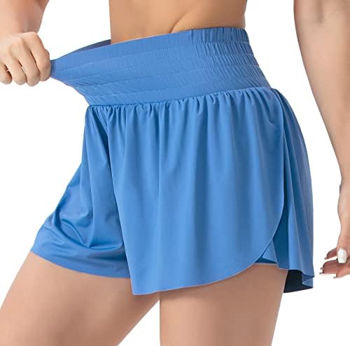 Змеј се вклопува во мраз свила со висока половината за тренингот за жени за жени со двојни слоеви атлетски шорцеви за трчање со 2 џебови