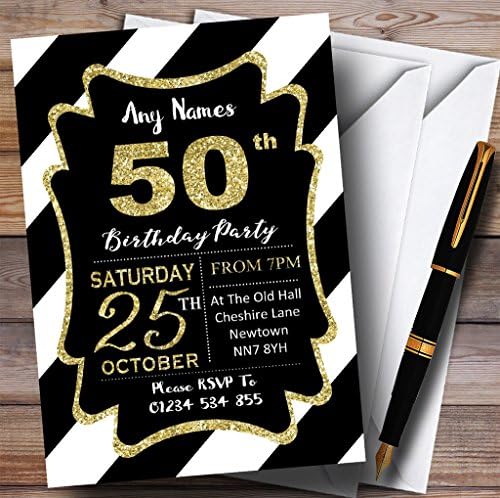 Црно Бели Дијагонални Ленти Злато 50-Ти Персонализирани Покани За Роденденска Забава