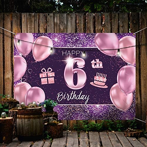 Пакбум Среќен 6-Ти Роденден Банер Позадина - 6 Декорации За Роденденски Забави За Девојче-Розово Виолетово Злато 4 х 6фт