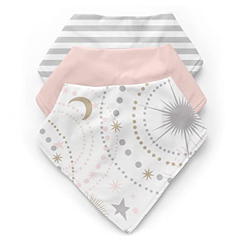 Sweet Jojo Designs Star and Moon Girl Baby Bandana Bibs за новороденче за хранење на новороденчиња - руменило розово злато и сиво небесно