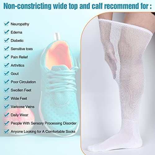 4 пакувања со дијабетични бамбус чорапи необврзувачки врвни лесни лимфедем на пети над коленото лабаво фитинг перничето бело 10-13