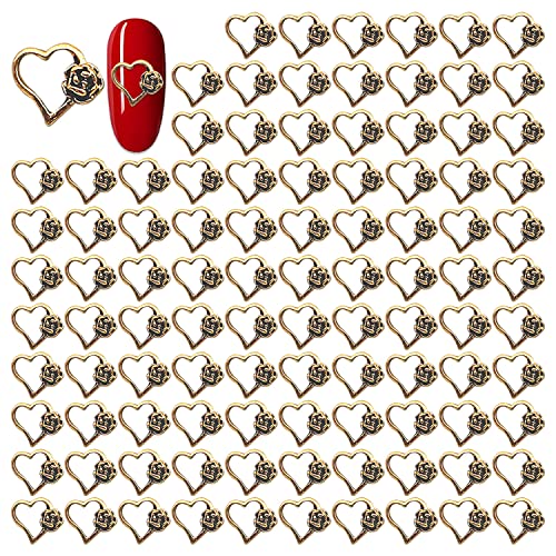 Вокото 100 парчиња стари златни срцеви шарми за нокти срцеви розови дизајни ретро нокти накит за жени нокти 3Д срцеви нокти привлечни за акрилни