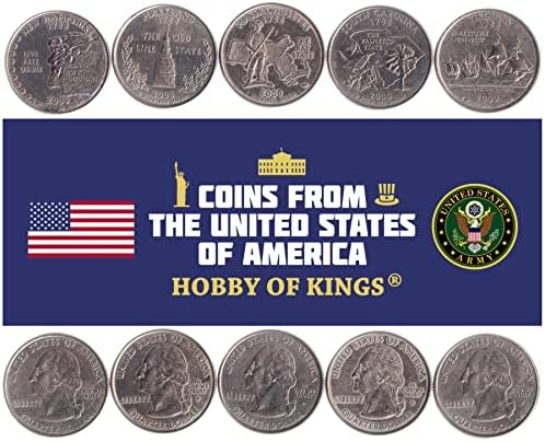5 Монети Од Соединетите Американски Држави | Колекција На Американски Монети 1/4 Четвртина Долар | Циркулирано 1999 | Џорџ Вашингтон | Цезар Родни