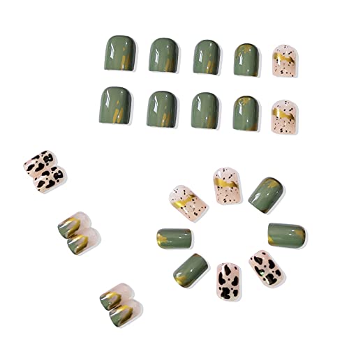 Плоштад лажни нокти со кратко одвојување на лепак, вклучено целосна покривка зелено злато леопард печати француски печат на нокти 24 парчиња совети