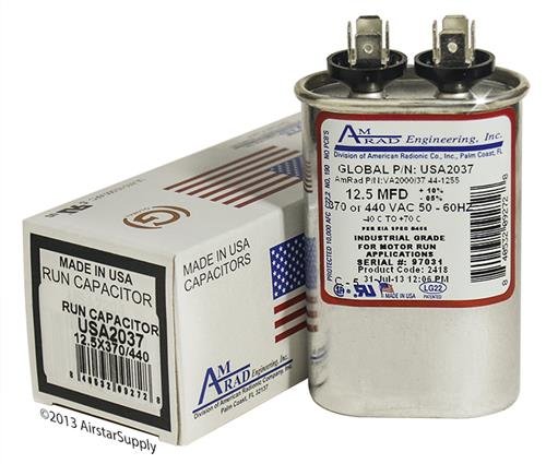 12.5 UF/MFD овален универзален кондензатор замена AMRAD USA2037 замена - Се користи за 370 или 440 VAC, направено во САД.