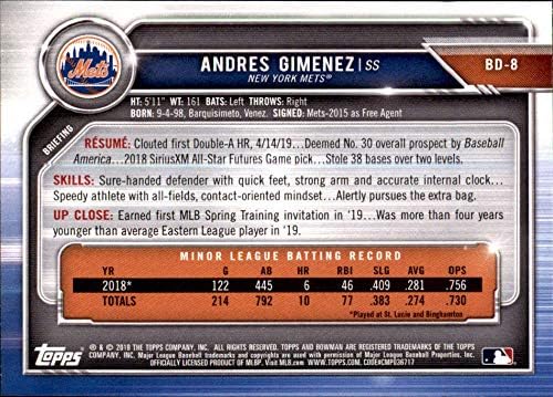 2019 Bowman Draft BD-8 Andres Gimenez RC Rookie New York Mets MLB Baseball Trading Card