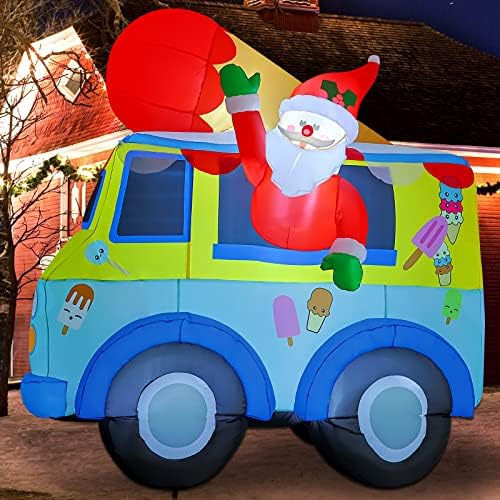 Comin 8ft Божиќни надувувања на отворено украси, разнесени Дедо Мраз во камион за сладолед надувување со вградени LED диоди за Божиќ затворен