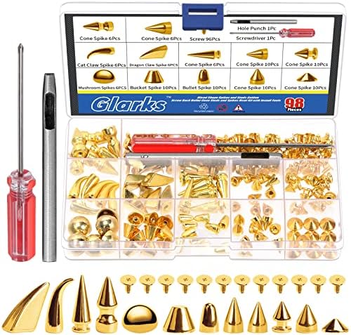 Glarks 98pcs злато мешана форма шила за шипки комплет за забивање со алатки за инсталирање, завртки за конуси од куршуми и шила