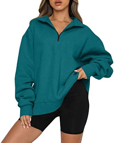 Kuaileya четвртина поштенски пуловер жени врвови за жени преголеми полу -зип пулвер со долги ракави за џемпери четвртина патент худи