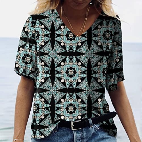 Женски печатен обичен краток ракав Хенли против вратот лабава вклопена плетена тунична кошула Блуза врвови плус големина удобни маички