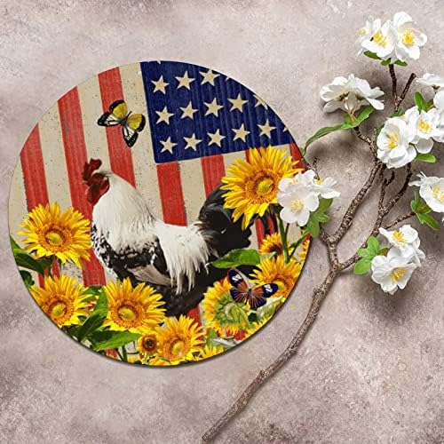 Тркалезен метален знак Плакета исушена патриотска американска знаме фарма пилешко петел и сончогледи Смешна врата дома знак