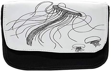 Зачудувачки куќиште за наутички молив, подводен живот медуза, торба со молив со ткаенини со двоен патент, 8,5 x 5,5, црно бело