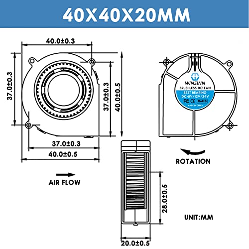 Winsinn 40мм вентилатор за вентилатор 24V, 3Д печатач микро 24 волти вентилатор 4020 лежиште со двојна топка, 40ммкс20м 2pin
