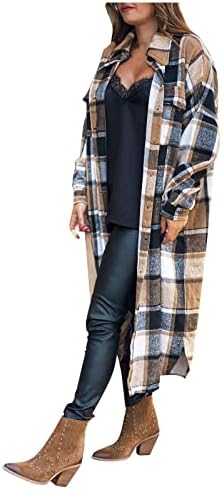 Rmxei жени модна надворешна облека карирана печати со долги ракави лапел долга јакна од ровови палто