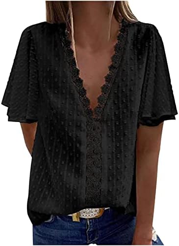 Вклучување на деколте чипка шифон блуза за жени со краток ракав опуштен бренд џакард обични врвови маички дами
