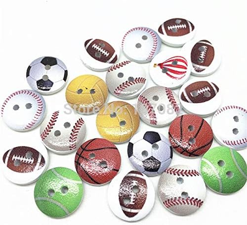 Xucus 100pcs 15мм спортска фудбалска кошарка бејзбол насликани дрвени копчиња шиење 2 дупки за правење картички за книги