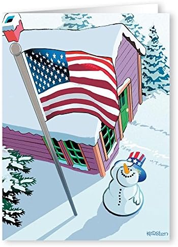 Колекција Стоунхаус Патриотски снежен човек и знаме Божиќна картичка 18 картички и 19 коверти - Американски картички со знаме