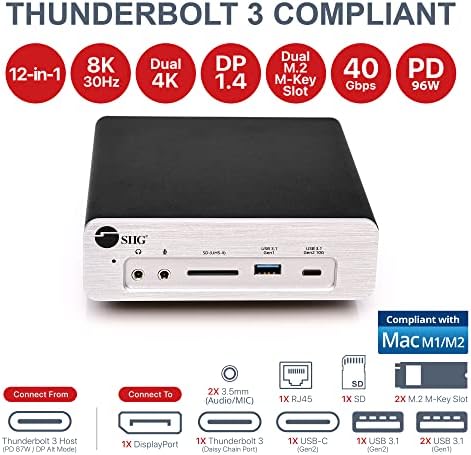 Siig 8K Thunderbolt 3 станица за докинг на лаптоп, двоен слот M.2 NVME, 96W PD полнење, DisplayPort 1.4 SD картички читач, 2x USB
