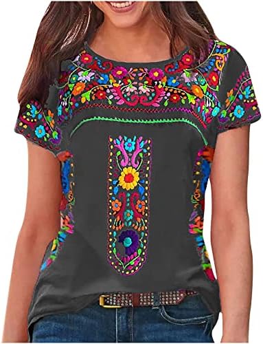 Женска тркалезна летна кошула на вратот, кратки ракави гроздобер печатење на вратот, украсен мексикански селанец Топ