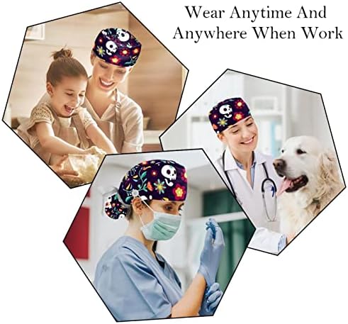 2 ПЦС медицинска сестра за чистење жени долга коса, цветни черепи модели прилагодливо работно капаче со копче и џемпери разнобојно
