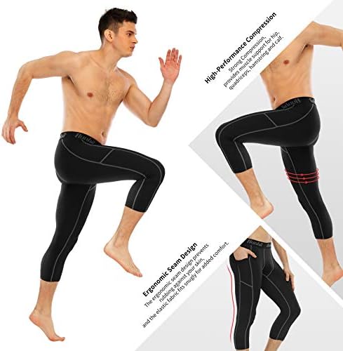 Рундиј 3/4 машки панталони за компресија со џебови, тренингот атлетски хулахопки хеланки атлетски основни слоеви долна облека