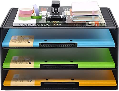 Организатор на послужавник со хартија за хартија, 3 нивоа решетка за датотеки со датотеки, десктоп хартија, црна боја, црна