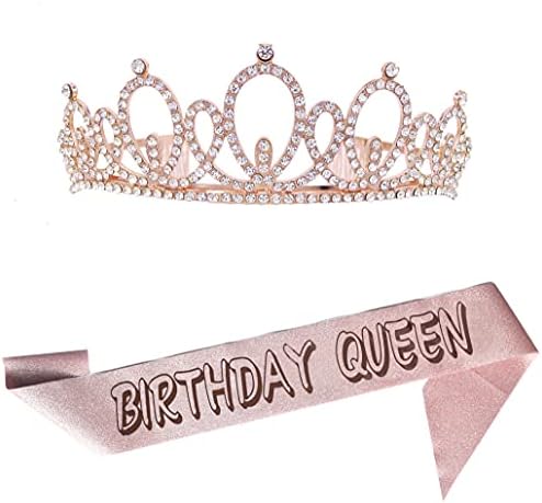 Розова роденденска тијара и розова Саш роденден кралица Сатен Саш и Кристал Ринестон Тиара Круна сет за 13 -ти, 16 -ти, 20 -ти, 21 -ви, 30