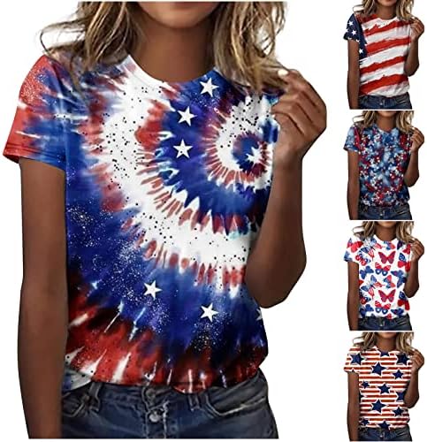 Женски патриотски кошули Симпатична кратка ракав црвена бела и сина врвови летни обични маици на плажа на американско знаме за печатење на