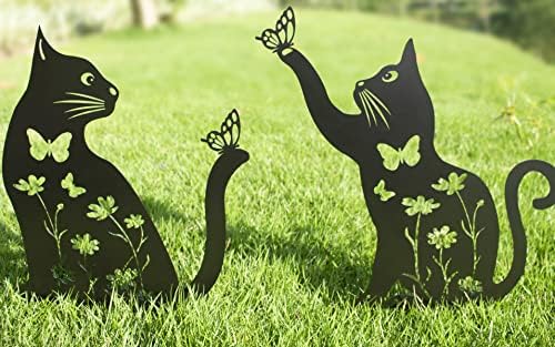 Декор за градина со метална мачка, 15 мачки декоративни градинарски влогови, црна мачка силуета двор тревник на отворено, временски отпорник
