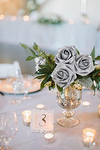 Sdeerit 30 парчиња сребрена сјајна пена вештачки цвеќиња, сјајни сребрени цвеќиња сјајни рози со стебло, сјајни рози факс цвеќиња за