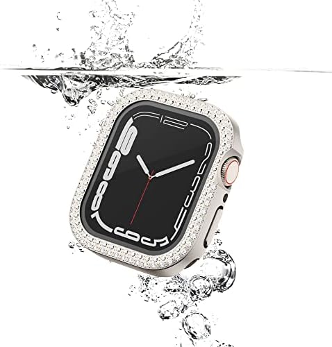 2-во-1 водоотпорен случај на водоотпорен блинг за Apple Watch 41mm серија 8 7 со затегнувач на стаклен екран, кристал дијаманти