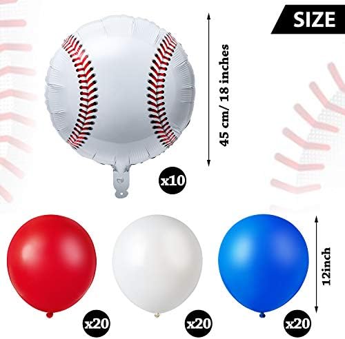70 парчиња балони со тема за бејзбол, вклучуваат 10 парчиња фолија балон за бејзбол и 60 парчиња латекс балони сини, црвени и бели спортски балони